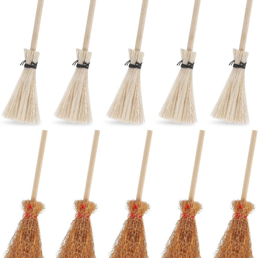 Dollhouse Miniature Broom Set, 10pcs Straw Broom Doll House Furniture Decor Witc